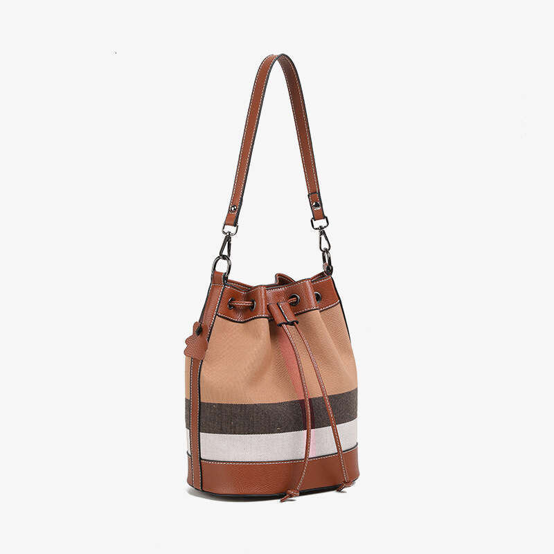 Genuine Leather Bucket Plaid Canvas Patchwork Shoulder Crossbody Mother New Brown Women's Bag
