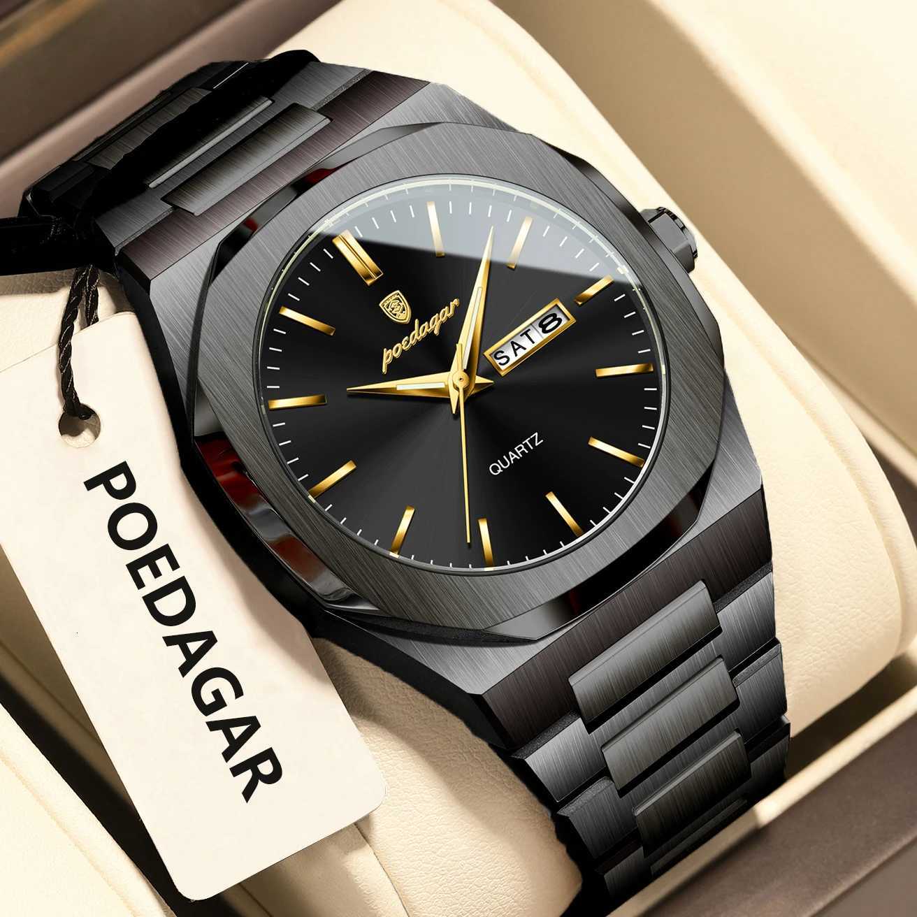 POEDAGAR Fashion Brand Mens Watch Waterproof Luminous Stainless Steel Watches For Men Date Week Casual Quartz Mens Clock Reloj W250724