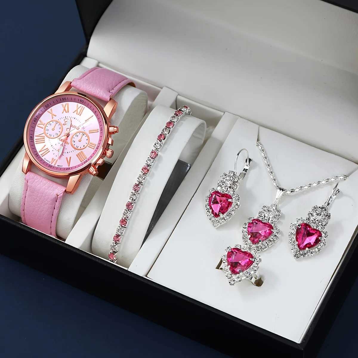 Fashion quartz watch and jewelry set shock-resistant circular analog digital display PU leather strap zinc alloy case W250724