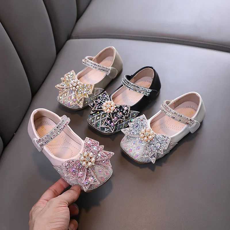Spring Autumn Girl Princess Shoes Rhinestone Bowtie Kids Leather Shoes Fashion Casual Sequins Children Casual Wedding Flat Shoes XJ250724