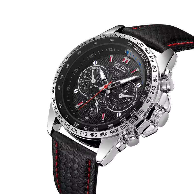 DHwatches MEGIR Men's Sports Watch - 30M Waterproof, Luminous, 6-Hand Design, Leather Strap, Quartz Wristwatch for Active Men
