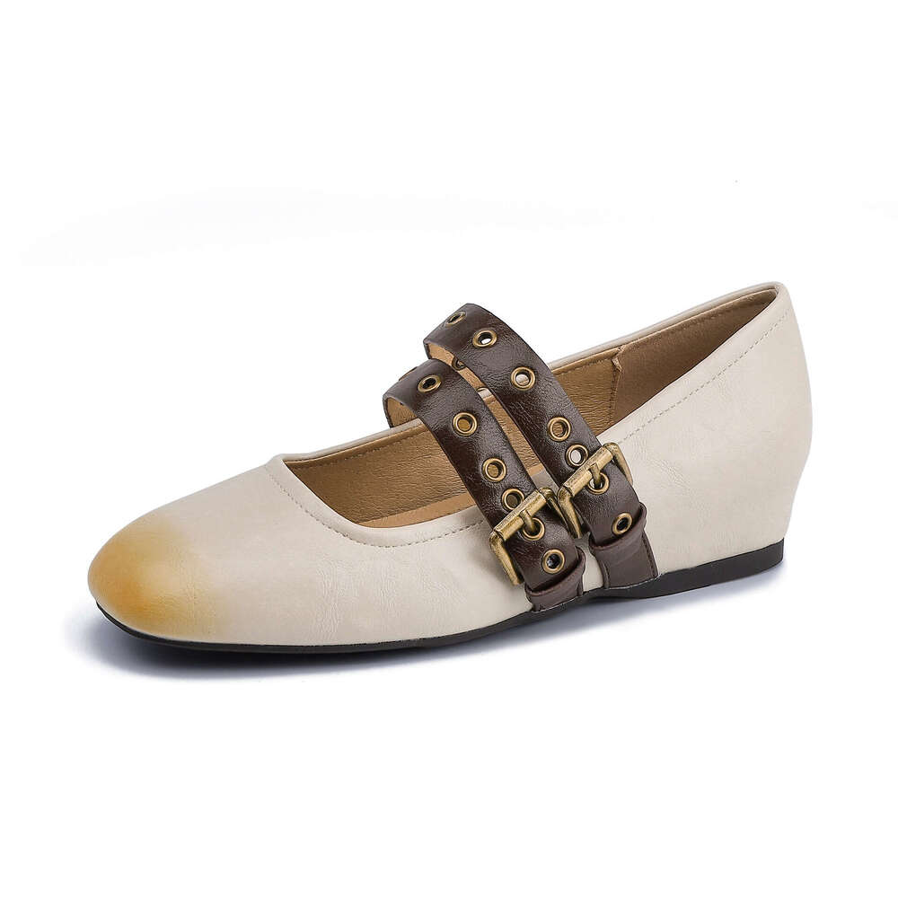 Designer Spring New Color-Block Mary Jane French Style Hidden Wedge Double Strap Flat Single Shoes for Women