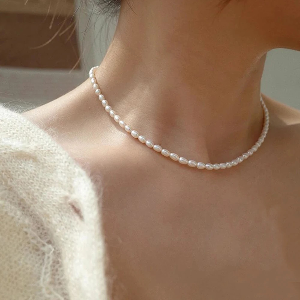 M Pearl Necklaces Oval White Stainless Steel Necklace Womens Collarbone Chain 250704
