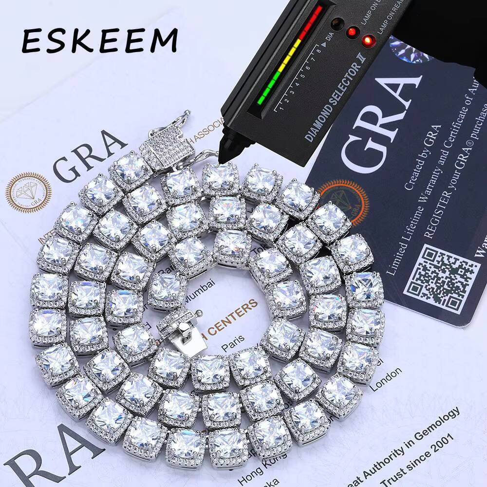 Eskeem Square Tennis Choker VVS Moissanite Iced Out 925 Silver Hip Hop Necklace Luxury Bling Chain for Womens