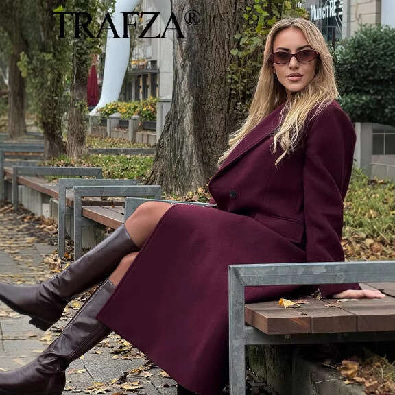 TRAFZA Autumn Style Women's Fashionable Pocket Decorated Blended Wool Coat Jacket B5