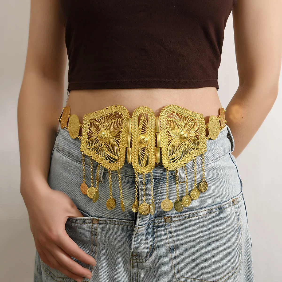 Cross-border Middle East waist jewelry fashionable gold alloy hollow carved coins tassel waist chain clothing accessories 250722