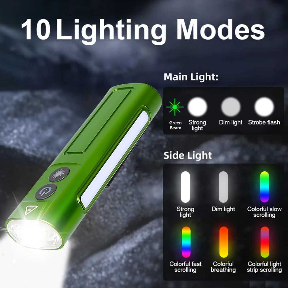 Multifunctional EDC Flat LED Flashlight with Green Beam Rechargeable RGB Side Light Outdoor Waterproof Lantern Camping Hiking S250723