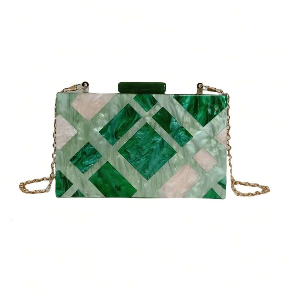 Designer Luxury Evening Diamond Green Plaid Acrylic Women's Clutch Dress Makeup Crossbody Chain Evening Bag Elegant