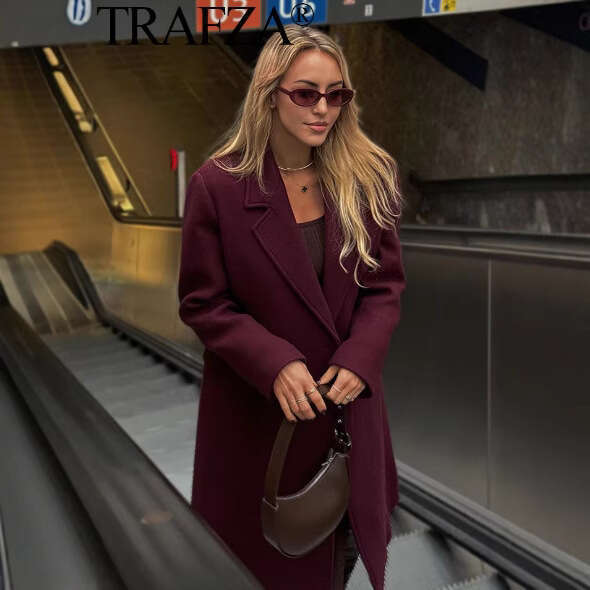 TRAFZA Autumn Style Women's Fashionable Pocket Decorated Blended Wool Coat Jacket B5