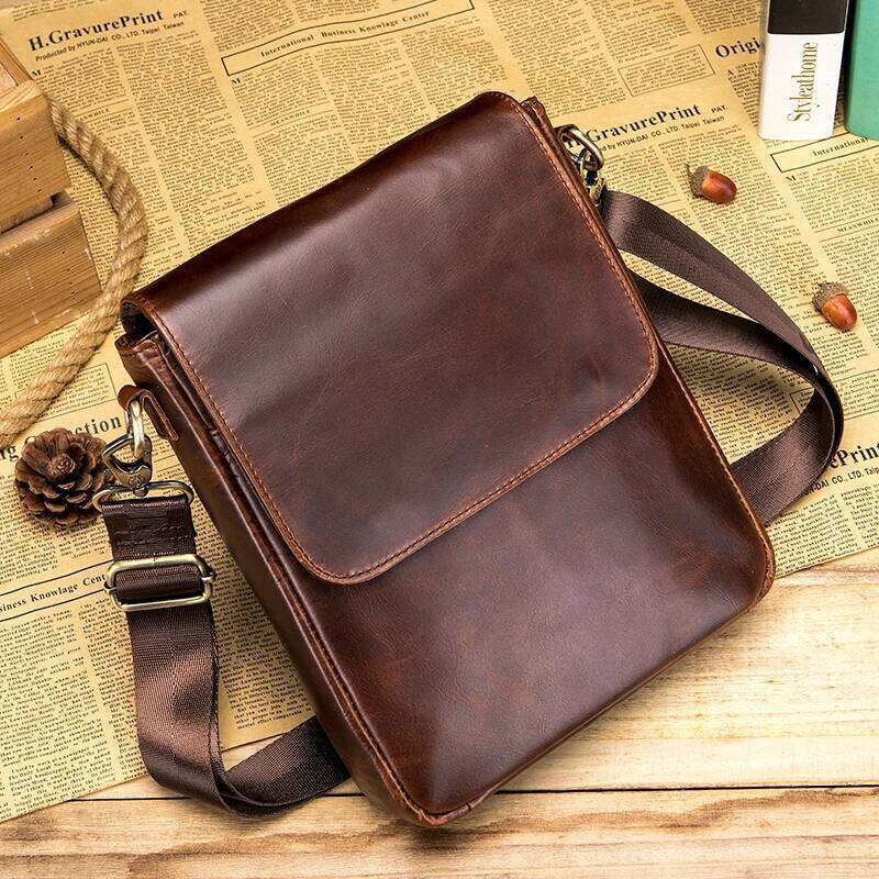 Genuine Leather Cowhide Single Shoulder Men Crossbody Messenger Bags Vintage Casual Large Capacity Flip Zipper Bag