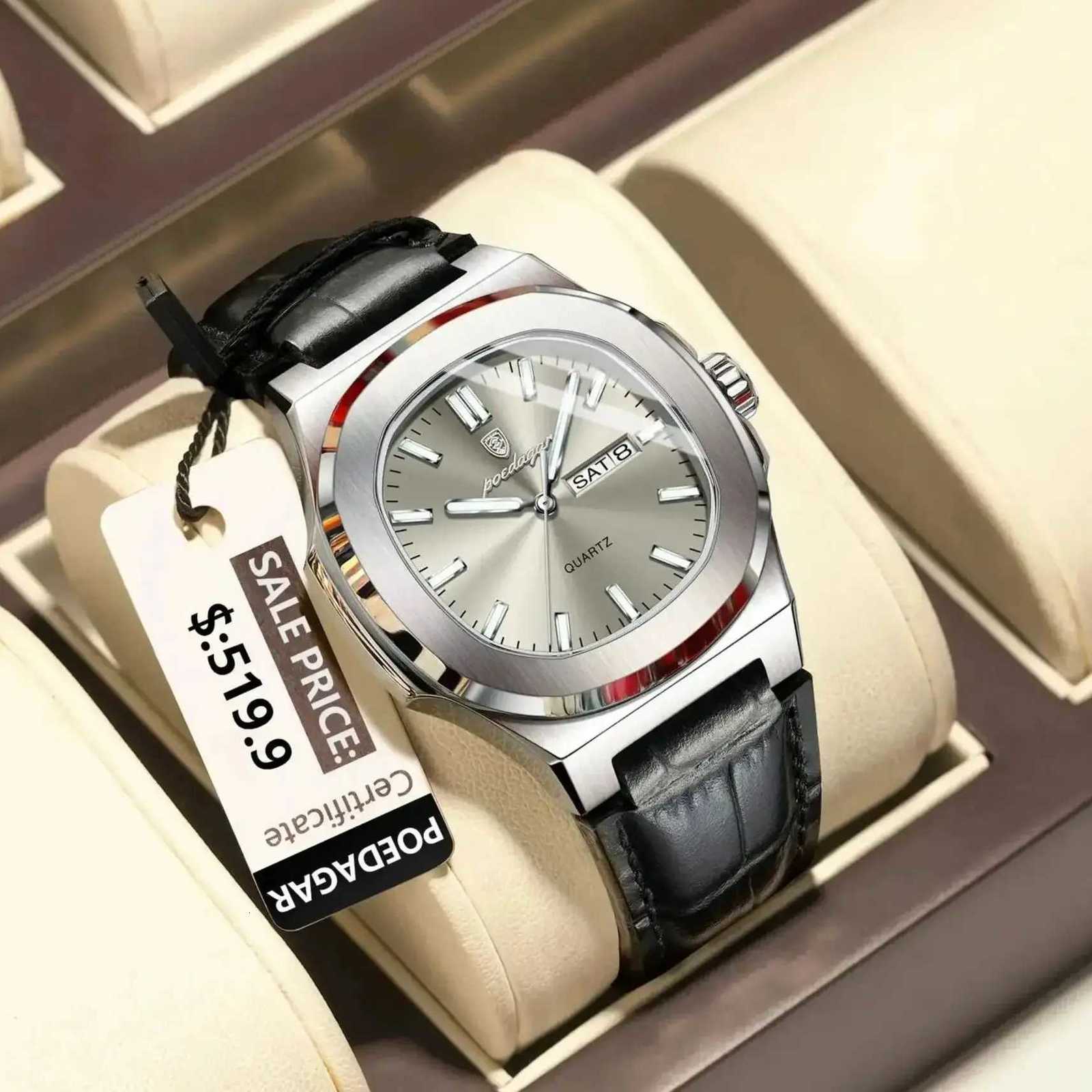 POEDAGAR High Quality Watch For Men Luxury Luminous Waterproof Week Calendar Man Clock Leather Square Mens Quartz Watches Reloj W250724