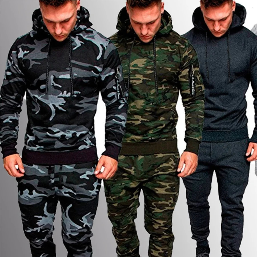 Mens Camouflage Tracksuit Sport Hoodies Pants Two Piece Set Outdoor Sports Suit Casual Jogging Suit Sweatshirts 250717