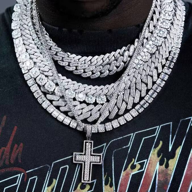 Moissanite Diamond Miami Cuban Link Chain 6~15mm White Gold Real 14k Rose Gold Necklace Bracelet 925 Silver Plated