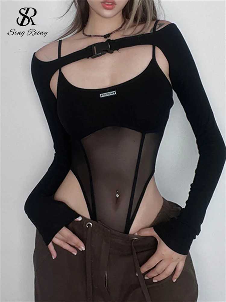 SINGREINY Sexuality Gauze Spliced Skinny Rompers Fashion Long Sleeve Female Bodysuits Ladies Streetwear Sheer Backless Playsuits W250724