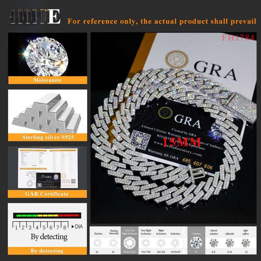 Cuban Link bracelet necklace sterling sier GRA Certificate hip hop 15mm double row iced out moissanite dia cuban link chain