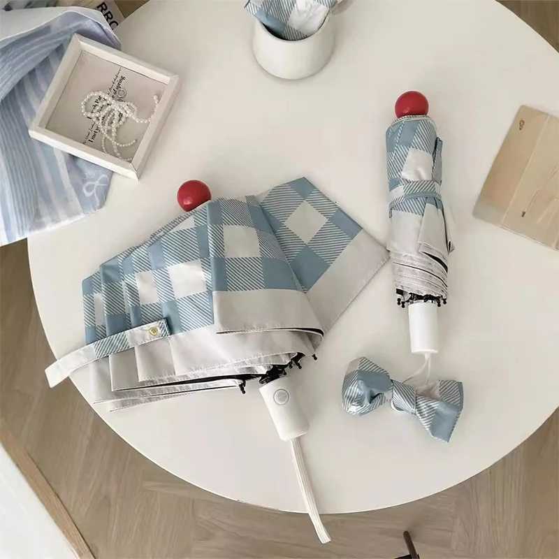 Ins Blue Grid Umbrella UV Protection Sunshade Umbrella Folding Umbrella Womens Rainproof and Sun Protection Dual-use Automatic R250724