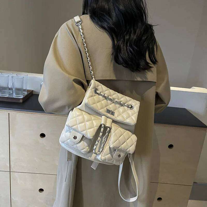 Fall 2025 New Arrival Trendy Women's Dia-Quilted Chain Double-Shoulder Backpack, Large Capacity With Multiple Pockets MDNG