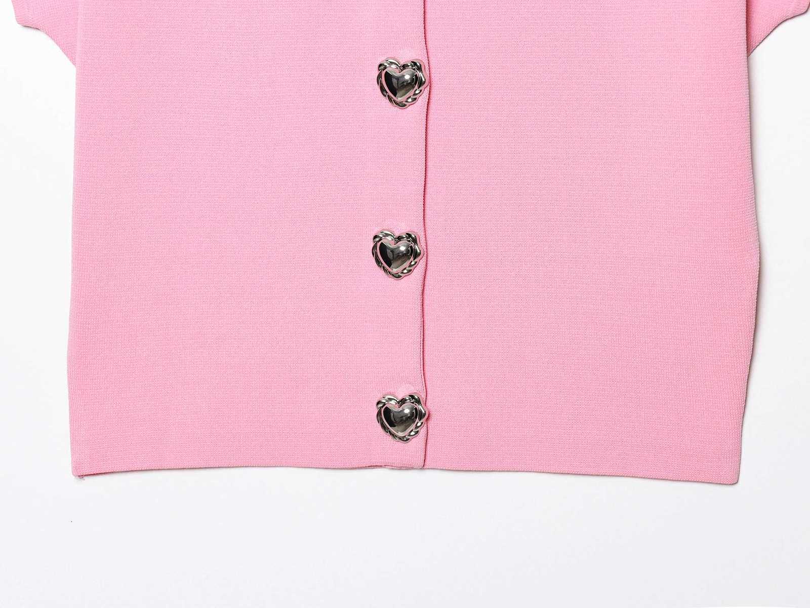 2025 Summer New Product Womens Clothing Fashionable and Versatile Heart Button Round Neck Short Sleeve Knitted Top X250724