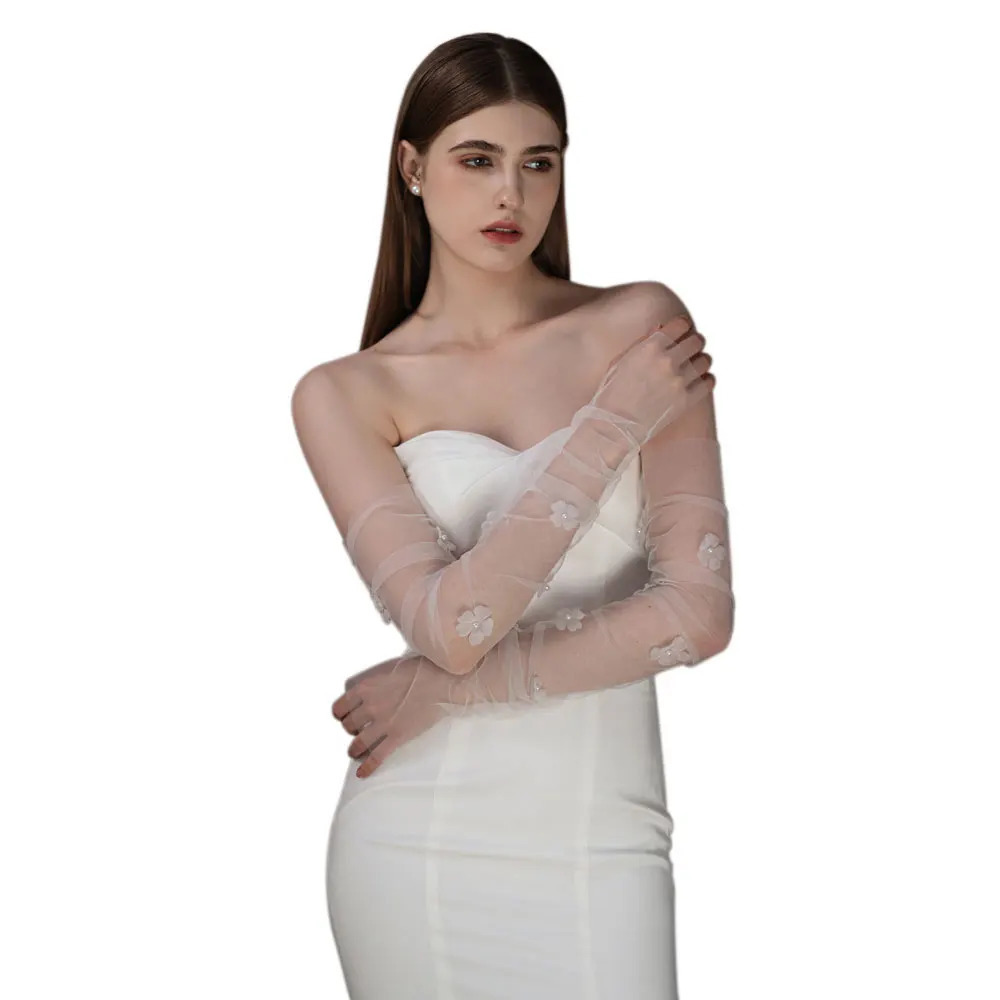 WG100 Elegant Wedding Bridal Gloves Soft Tulle Beading Yarn Flowers Long Fingerless Brides Bridesmaid Prom Pageant Cuff 250722