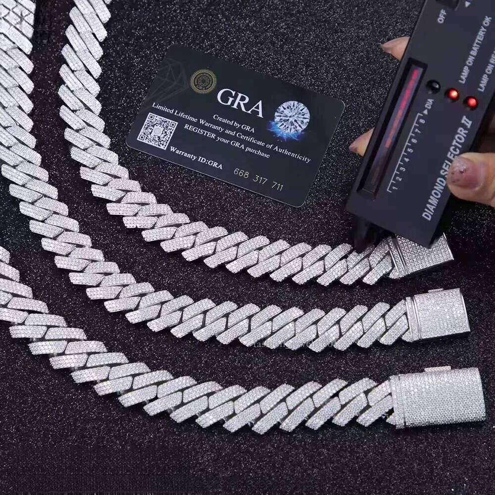 designer chain hip hop jewelry necklace 15mm wide 2rows link chains vvs moissanite white gold plated sterling sier cuban bracelets