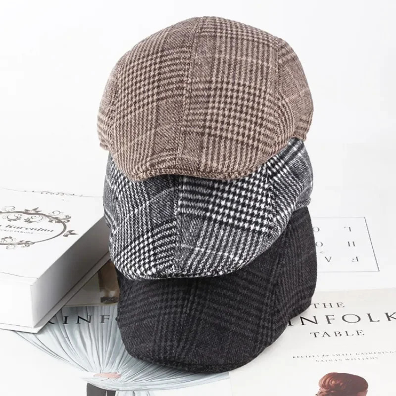 Mens Casual Berets Hat Autumn Winter Retro Gentleman sboy Hat Plaid Checked Hat Unisex Octagonal Hat Driving Cabbie Wool Cap 250723