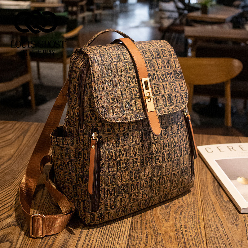 Female backpack new style retro leisure presbyuse large capacity schoolbag backpack print fashion trend line big bag