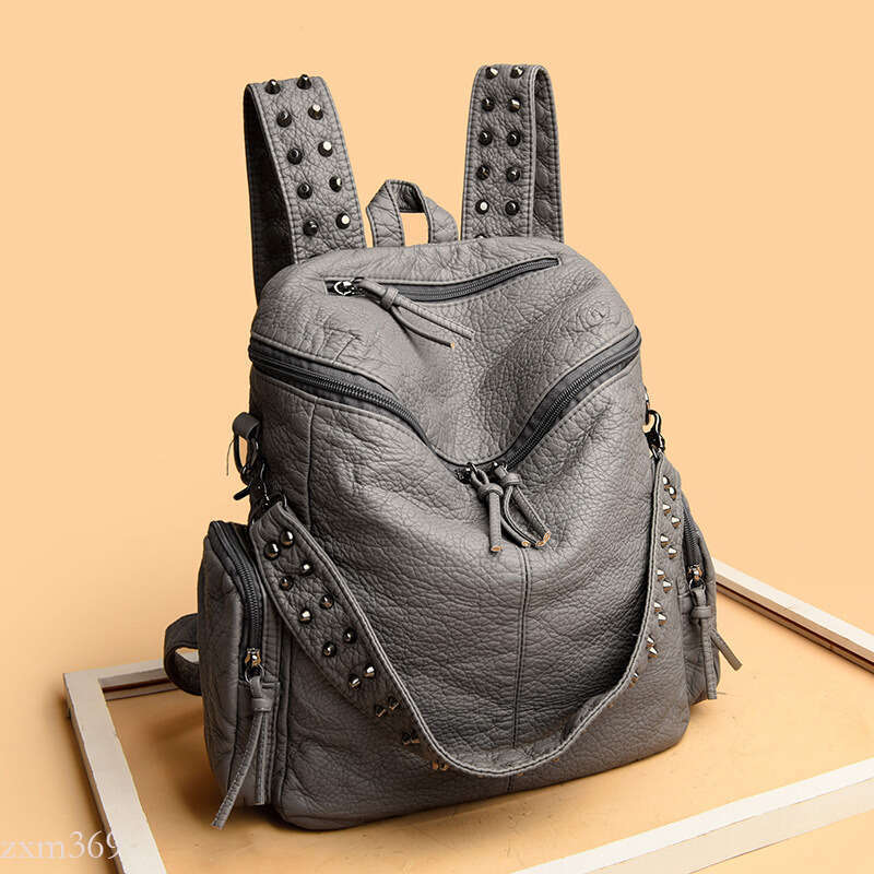 New Fashion Rivet Washed Leather Large Capacity Multi-Pocket Soft Bag Trendy Travel Backpack