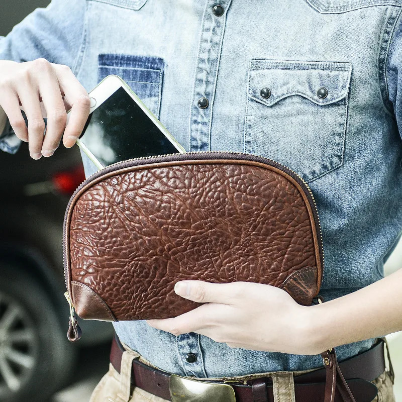 vintage genuine leather mens clutch bag fashion casual handmade high quality natural real cowhide youth phone wallet 250723