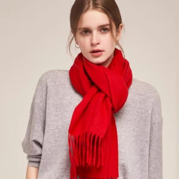 K1458 Pure color 100% sheep wool scarf versatile autumn and winter knitted neck thick warm solid color fashionable tassel red shawl