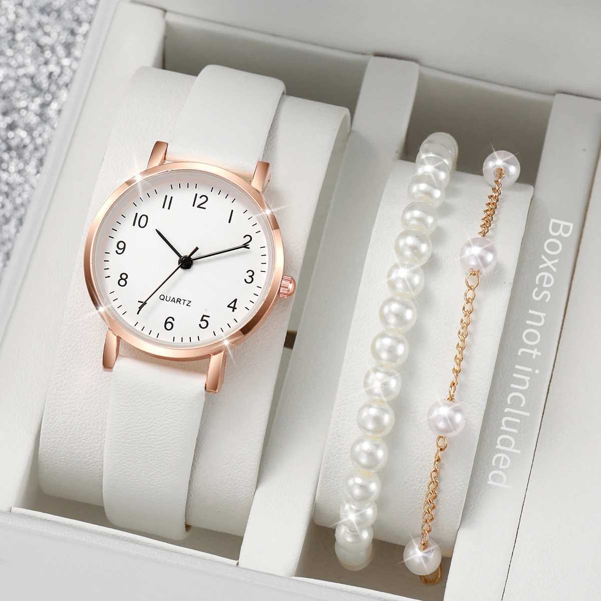 3pcs/set Fashion Women Leather Strap Quartz Watch and Pearl Bracelet Set W250724