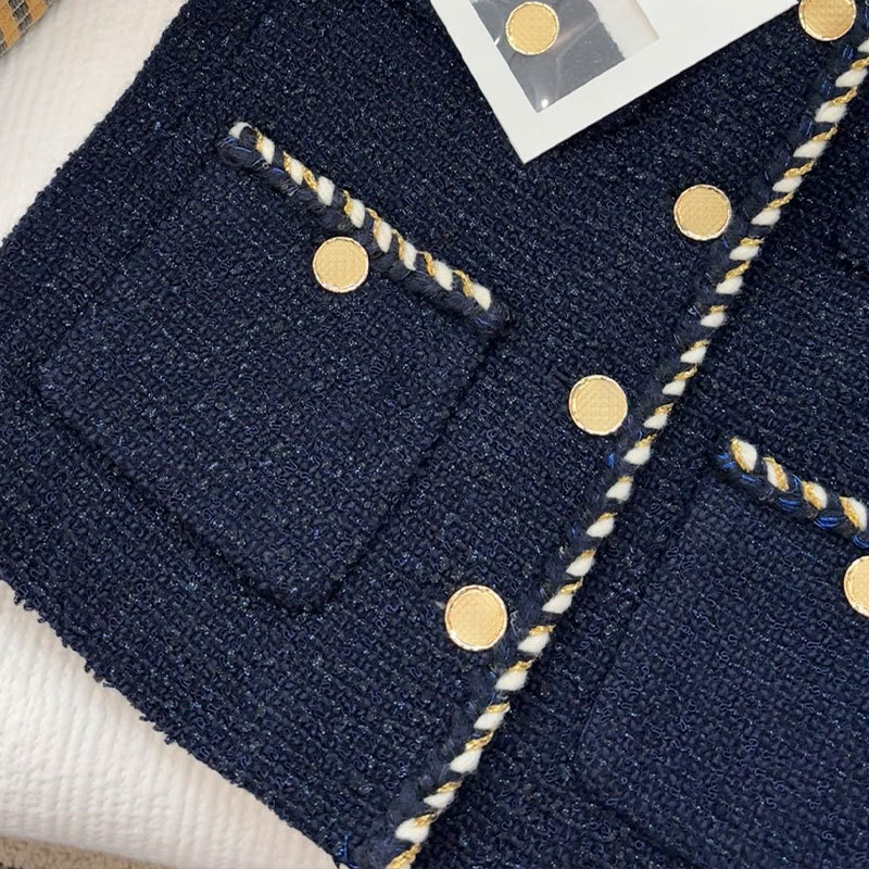 Chan Ladies Tweed Woven Cropped Jacket - Designer Round Neck Short Sleeve Coat, Single Breasted Y2K Clothing S0756
