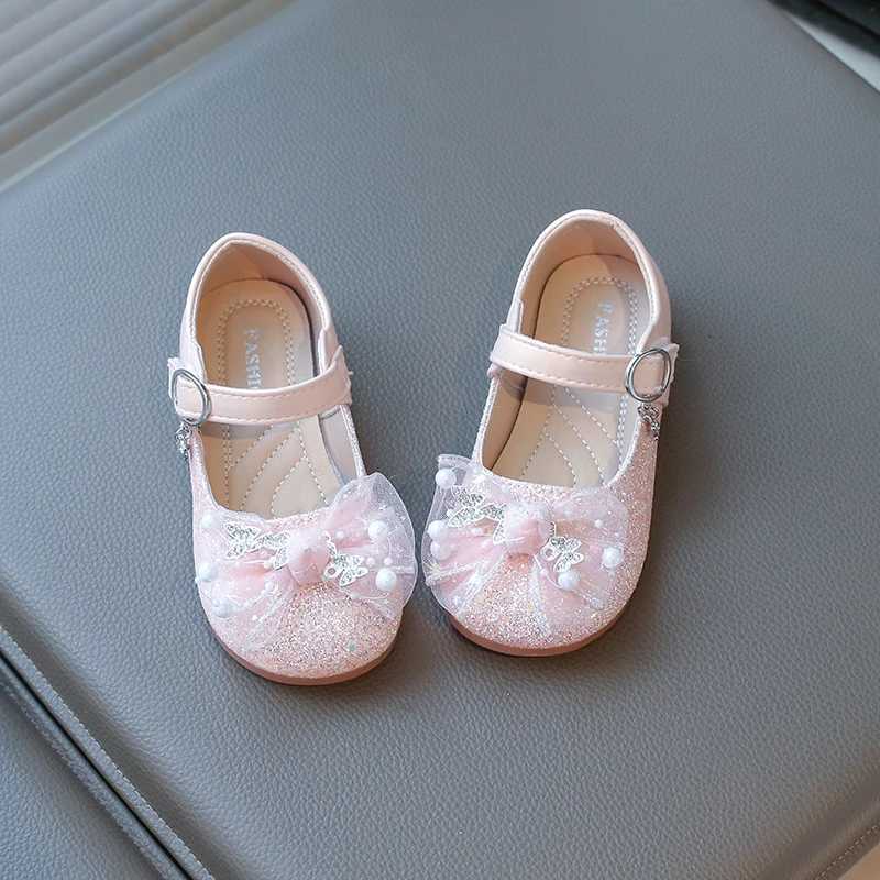 2025 Princess Shoes Mesh Lace Bow Childrens Flat Shoes Shiny Glitter Childrens Leather Shoes Round Head Sweet Hook and Loop XJ250724
