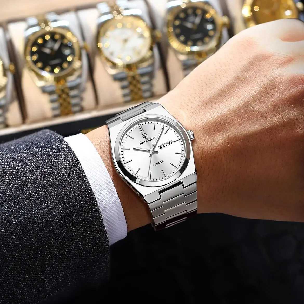POEDAGAR Luxury Business Mens Wristwatch Waterproof Luminous Stainless Steel Mens Watch Date Week Fashion Quartz Mens Watches + Box W250724