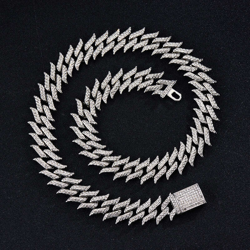 New Full Dia Thorn Cuban Chain High-Quality Design Sense Spike 18mm Box Clasp Alloy Hip-Hop Necklace