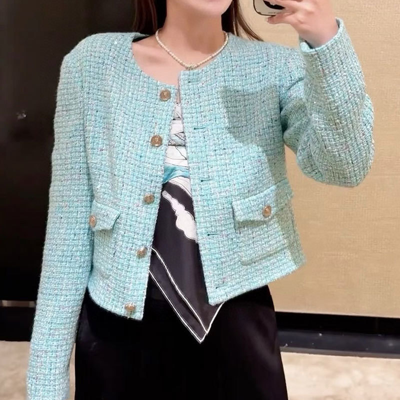 Ladies Peacock Green Tweed Round Neck Jacket Designer Wool Blend Blazer Single-Breasted Y2K Shoulder Pad Clothes S0757