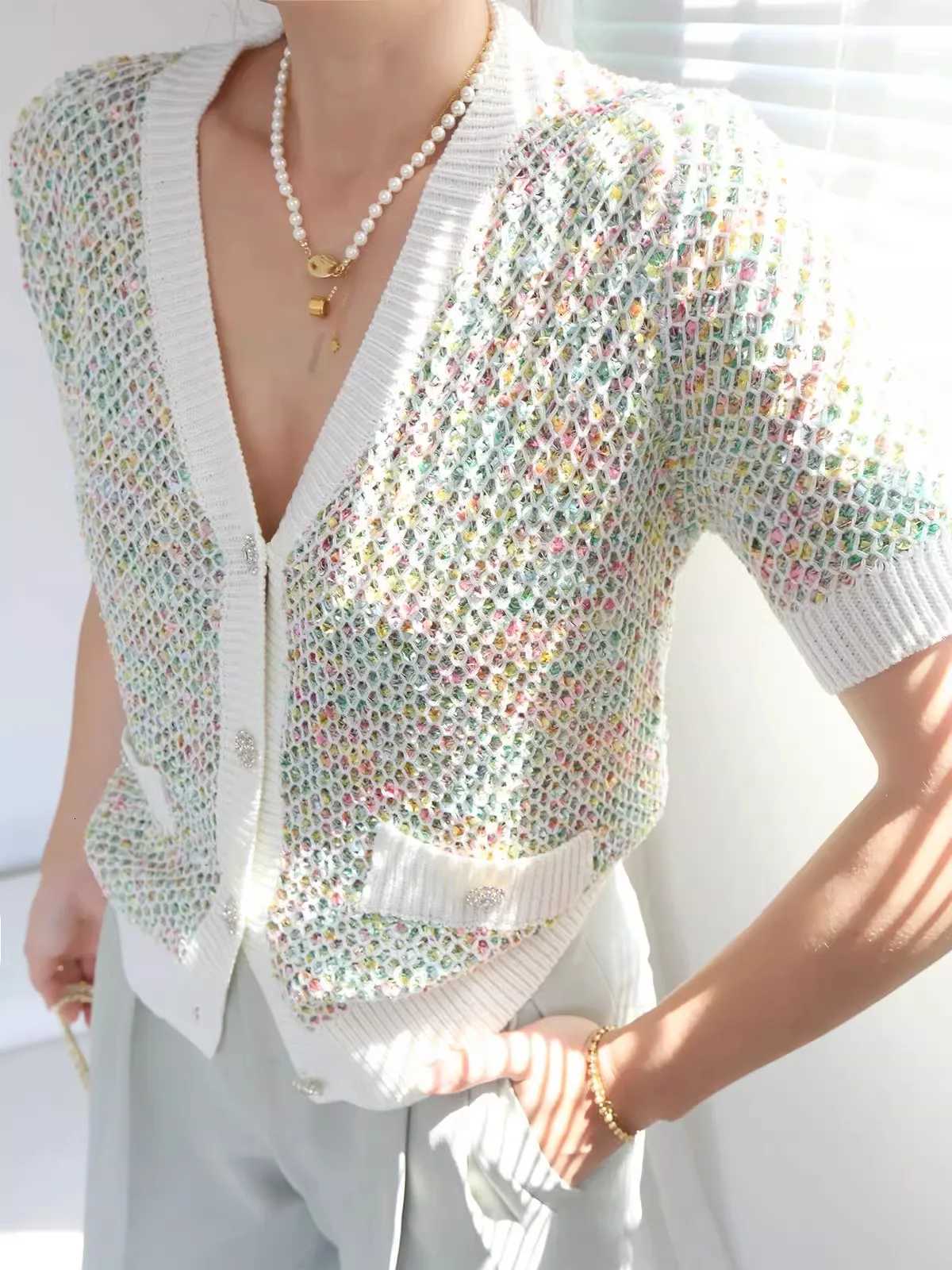 Designers Tops For Women 2025 Summer Rhinestone Button Short Sleeve Cardigan Women Green Knitted Sweaters C-138 X250724