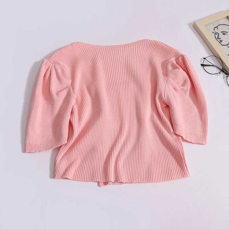Women Fashion Double-Breasted Square Neck Cardigan New Slim Solid Short Sleeve Knit Shirt Summer Design Worn Outside Crop Tops X250724