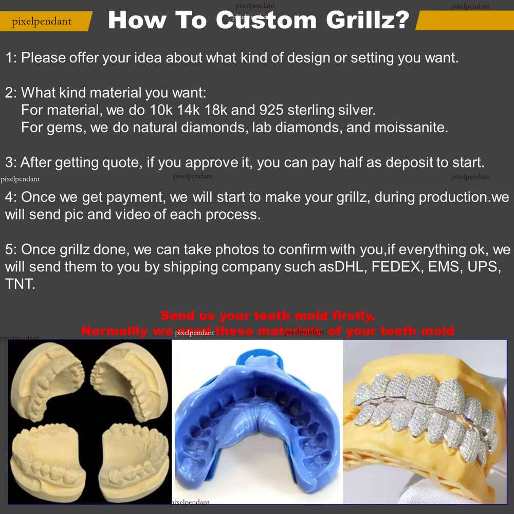 Custom 10K 14K Gold Plated Sier Full VVS Dia Moissanite Iced Out Hip Hop Teeth Grillz