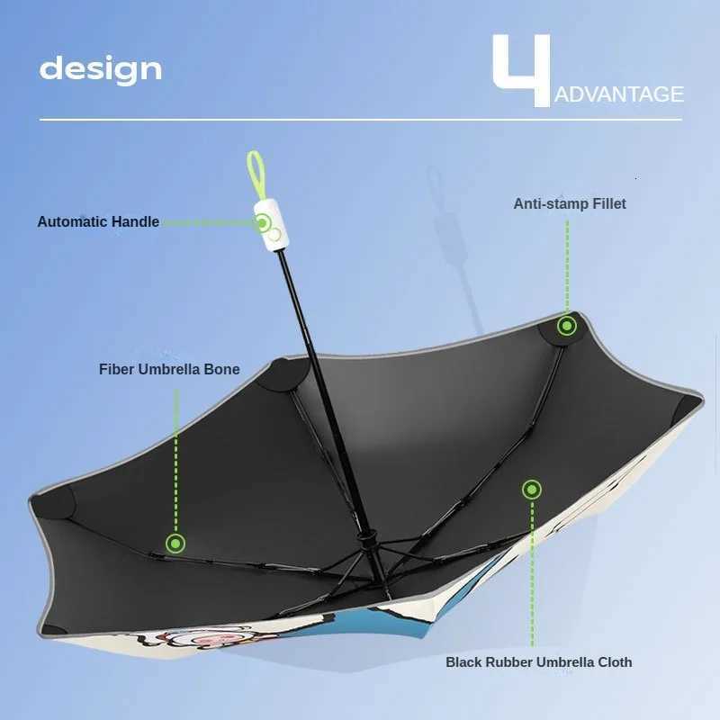 Cartoon Automatic Children Umbrella Windproof UV Protection Sun Folding Umbrella Kids Black Coating Sunshade Safety Arc Edge R250724
