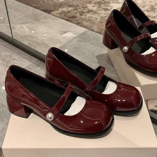 Designer 2025 Spring New Mary Jane Hong Kong High Heels Chunky Heel French Style Single Shoes for Women