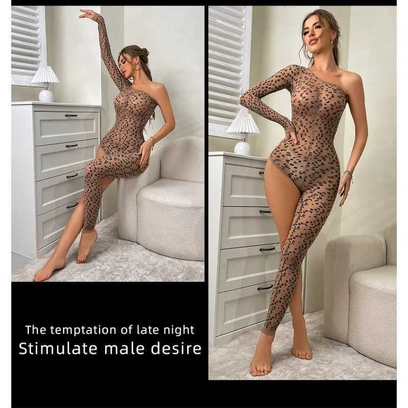 European and American Womens New Leopard Pattern Sexy Uniform Open Temptation Hollow Perspective Ball Queen Jumpsuit W250724