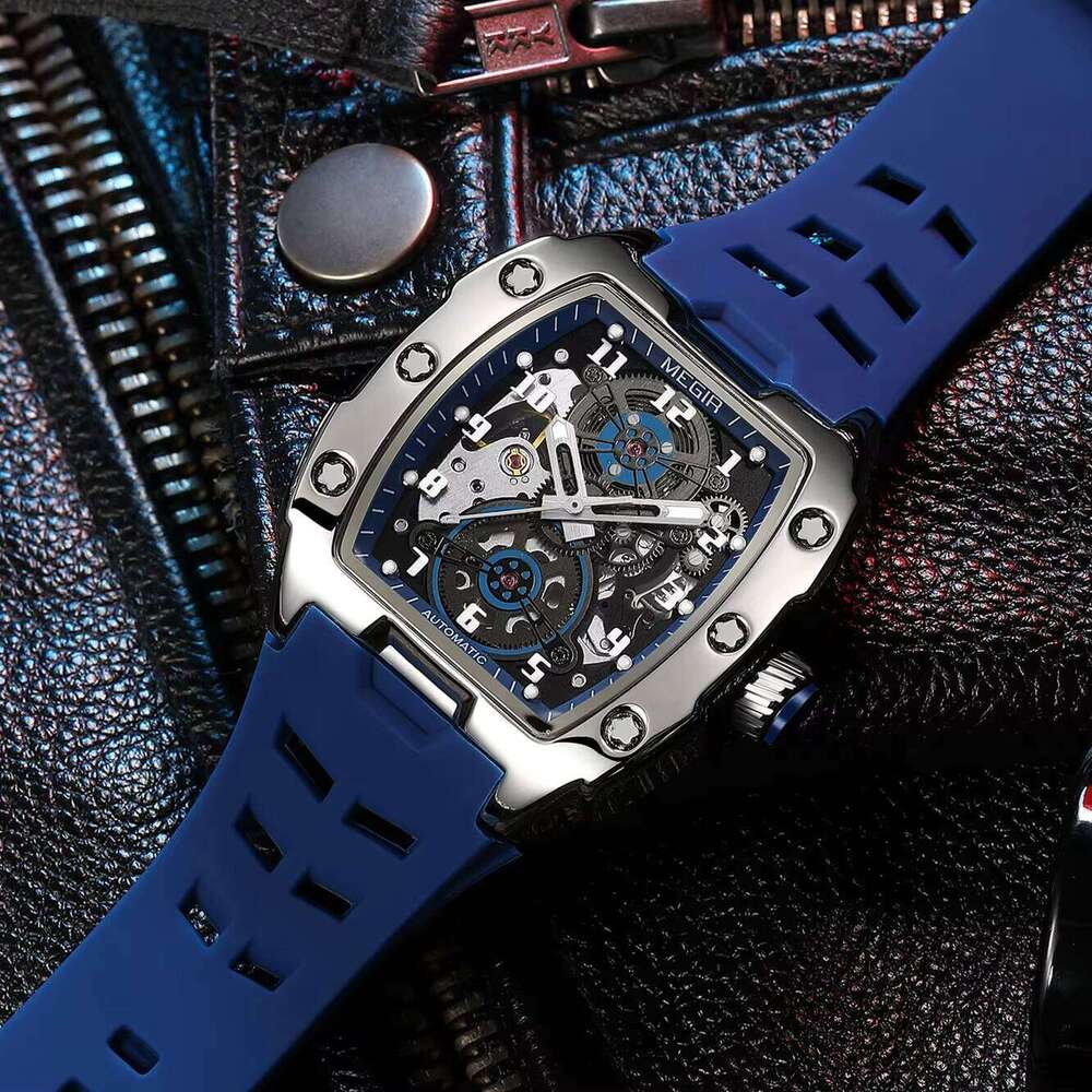 DHgargets MEGIR Men's Skeleton Tonneau Watch - Automatic Mechanical, Luminous, 30M Waterproof, Silicone Strap, Fashion Wristwatch