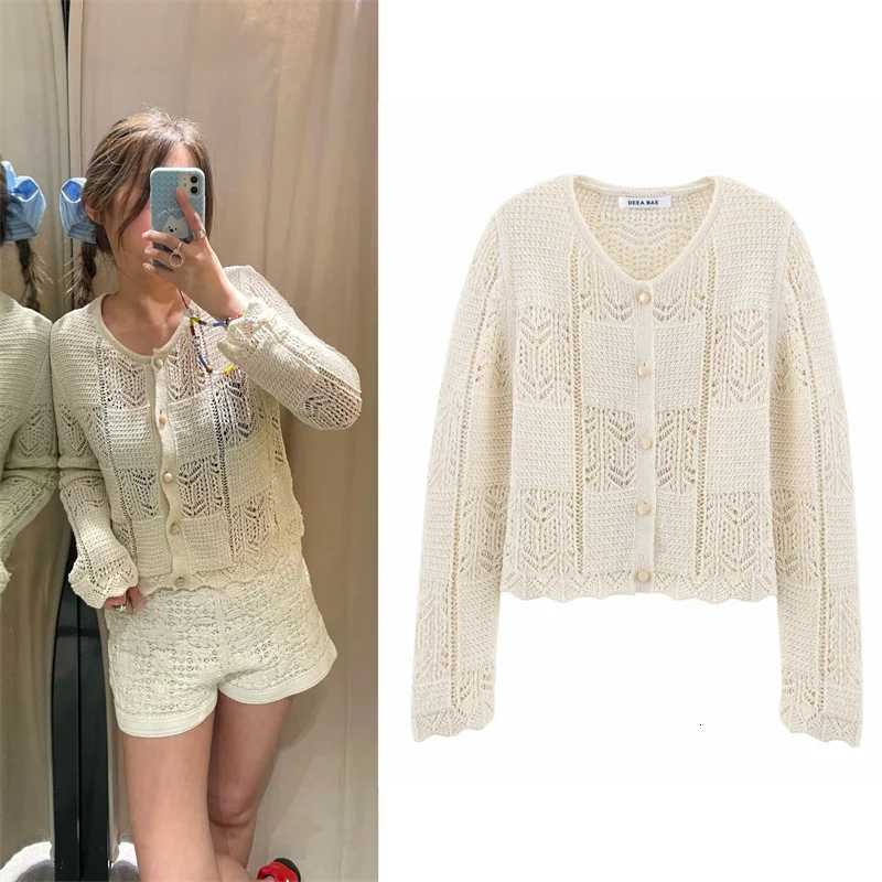 2025 New Summer Womens Cardigan White Jacquard Mesh Knit Jacket with Pearl Buttons Fashionable Personality Casual and Versatile X250724