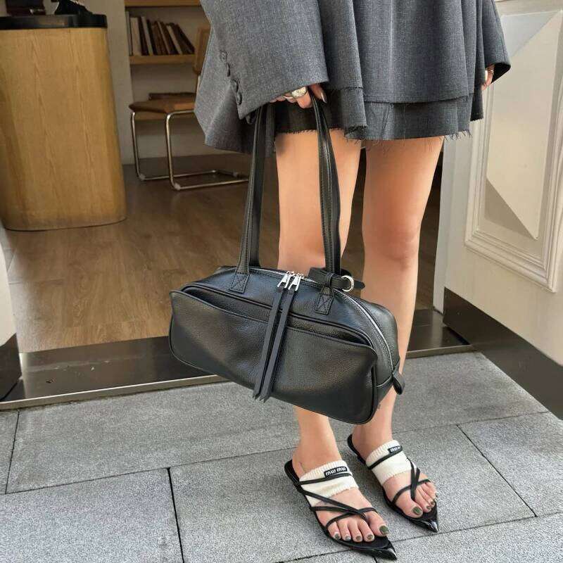 Retro Long Bowling Women Brand Design Large Capacity Shoulder Bags INS Fashion Genuine Leather Hangbags 2025 New