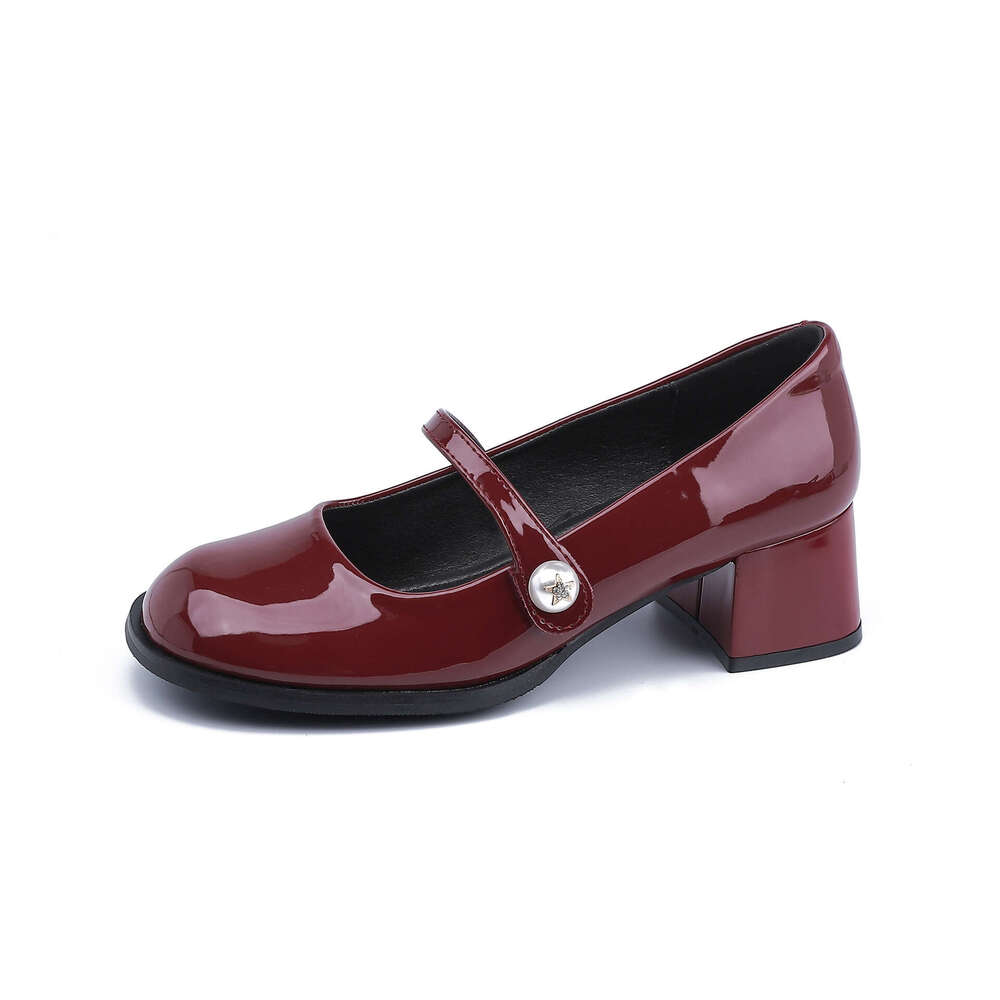 2025 New French Style Mary Jane Shoes with Pearl One-Strap Shallow Mouth Chunky Heel Red High Heels for Women