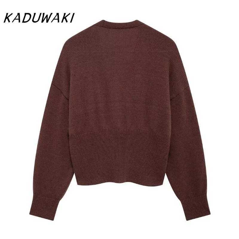 KADUWAKI European Classic V-neck Long-sleeved Brown-red Cardigan Fashion Retro One-button Versatile Knitted Sweaters Womens Short Sleeve Knit X250724
