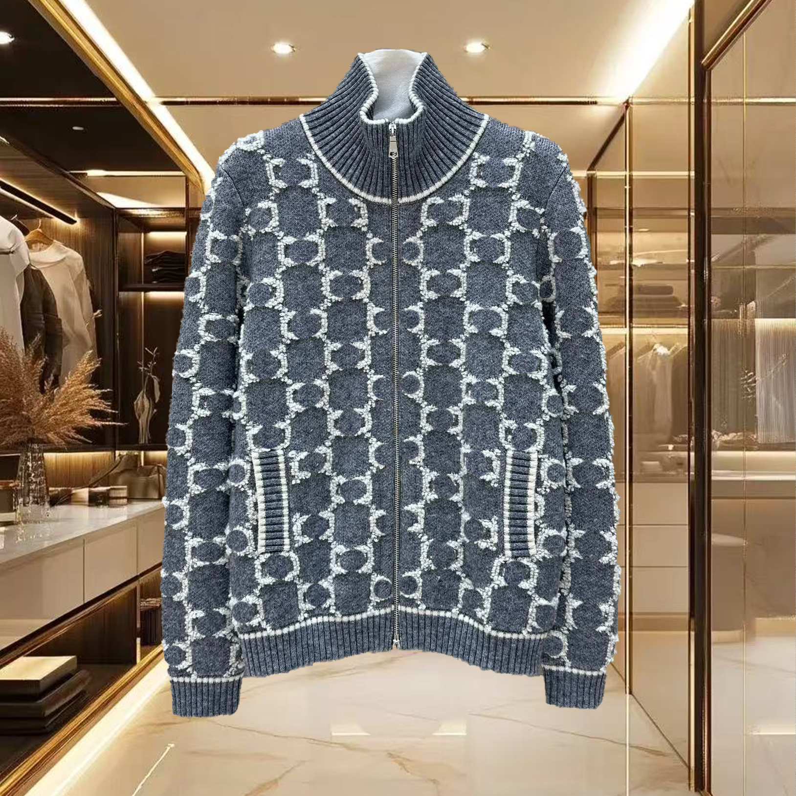 High quality designer women's sweaters, jacquard high neck zippered knitted cardigans, fashionable printed letters, casual knitted sweaters