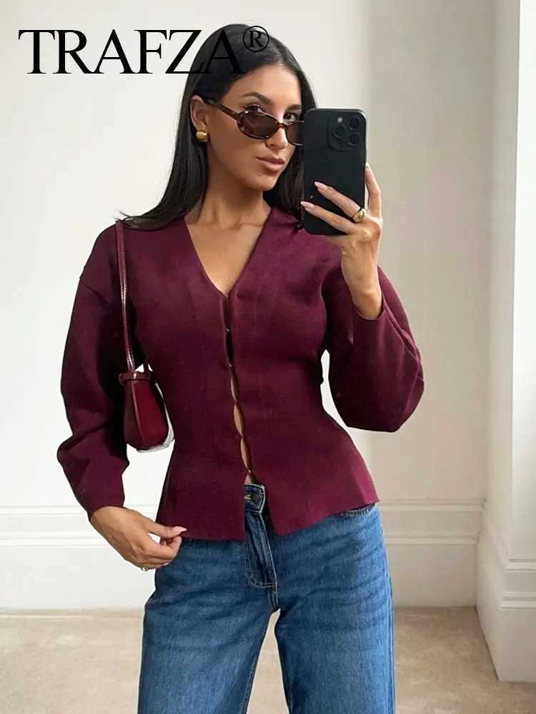 TRAFZA Women Autumn Fashion Sweater Elegant Solid V-Neck Long Sleeve Single Breasted Knitted Coat Tops Female Casual Cardigans X250724