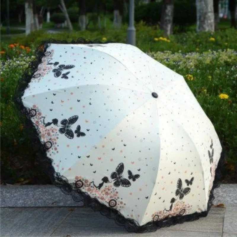 Butterfly Lace Printed Sunshade Umbrella For Both Rain Triple Fold Wind Resistant And Sun Resistant Black Rubber Umbrella R250724