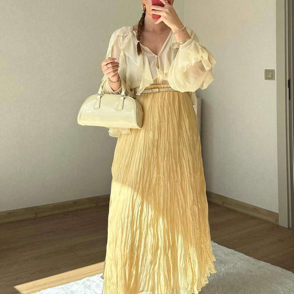 New Summer Women's Mid-Length Casual Vacation Yellow Pleated Skirt B5